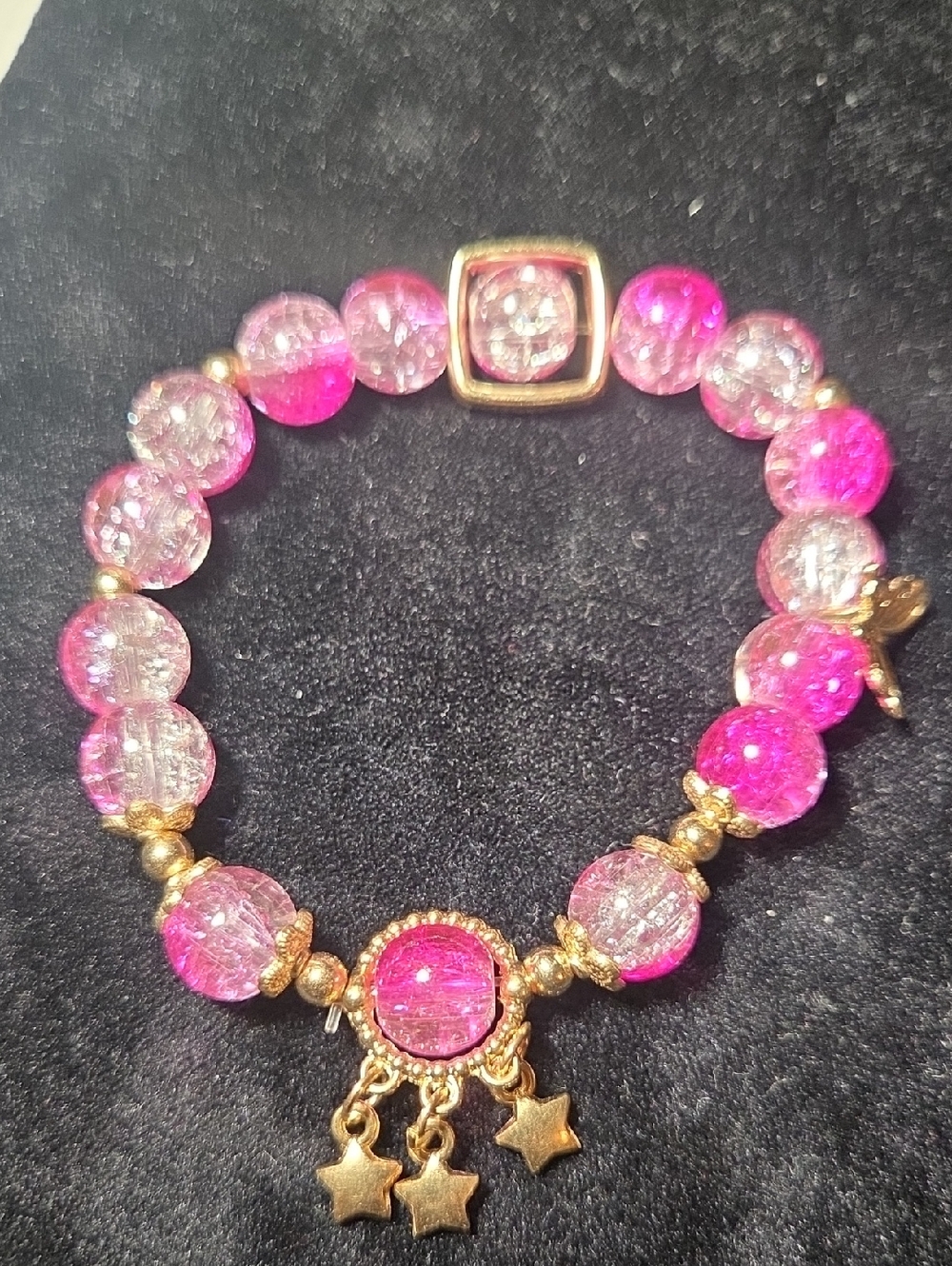 Gold-Accent Pink Crackle Bead Bracelet with Star Charms
